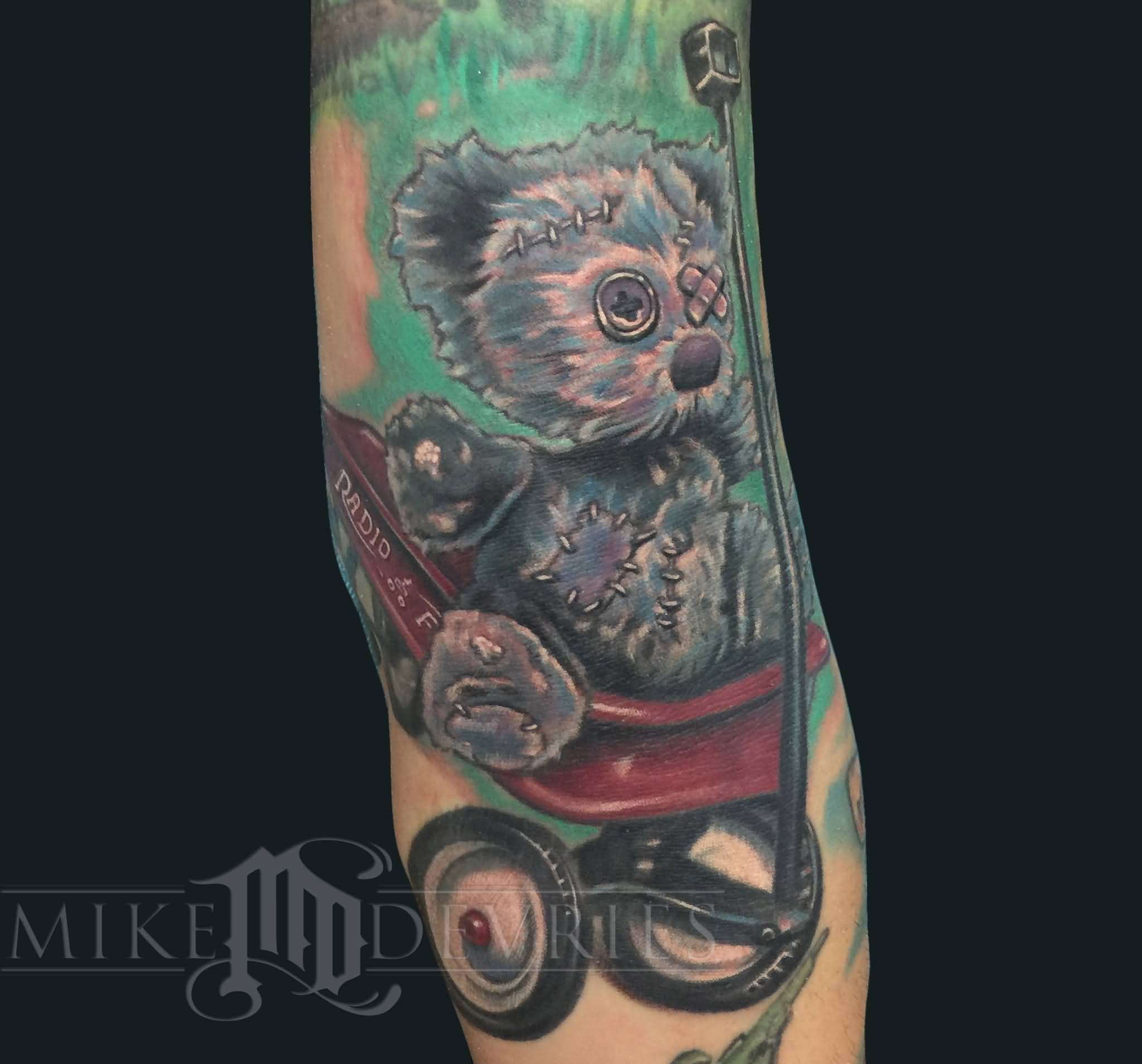 Teddy Bear On Radio Flyer Tattoo On Sleeve regarding size 2047 X 1907