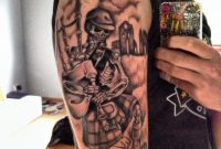 Terrific Grey Ink Scottish Skeleton Piper Tattoo On Half Sleeve in dimensions 1024 X 1024