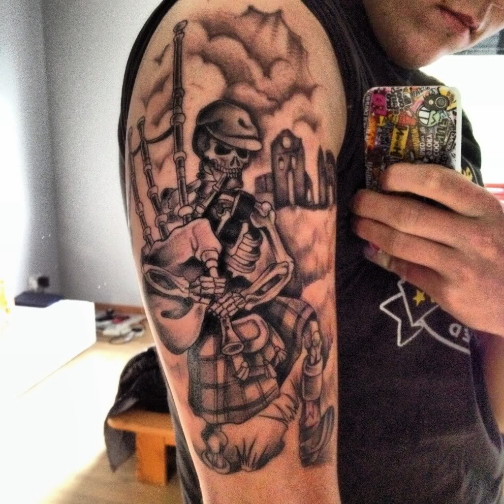 Terrific Grey Ink Scottish Skeleton Piper Tattoo On Half Sleeve inside size 1024 X 1024