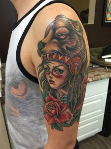 Traditional Bear Head Women With Rose Tattoo On Man Left Half Sleeve inside dimensions 1536 X 2048