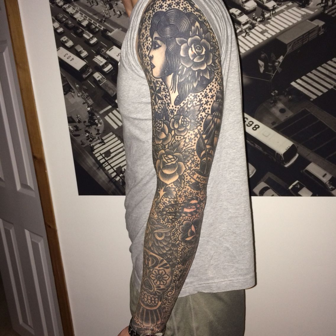 Traditional Black And Grey Sleeve Tattoo Richie Clarke Tattoo intended for sizing 1136 X 1136