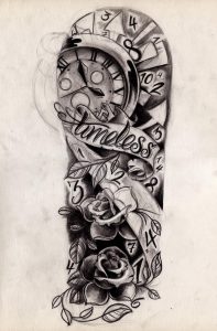 Traditional Rose Flowers And Clock Tattoo Design For Half Sleeve intended for sizing 800 X 1218