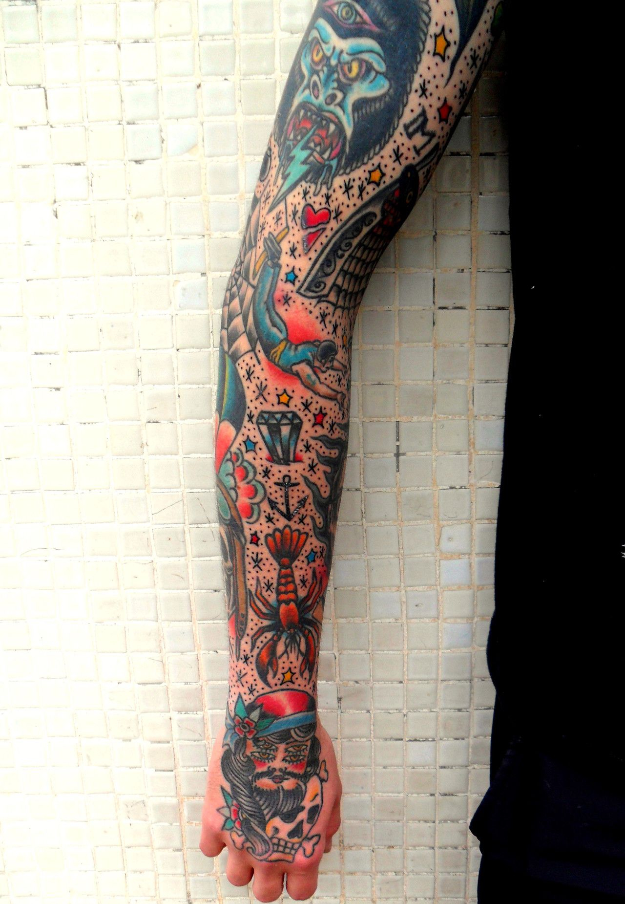 Traditional Tattoo Sleeve Tie It All Together Later With Stars for measurements 1280 X 1850