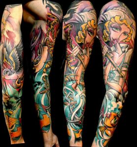 Traditional Women With Flying Bird And Anchor Tattoo On Full Sleeve regarding proportions 893 X 960