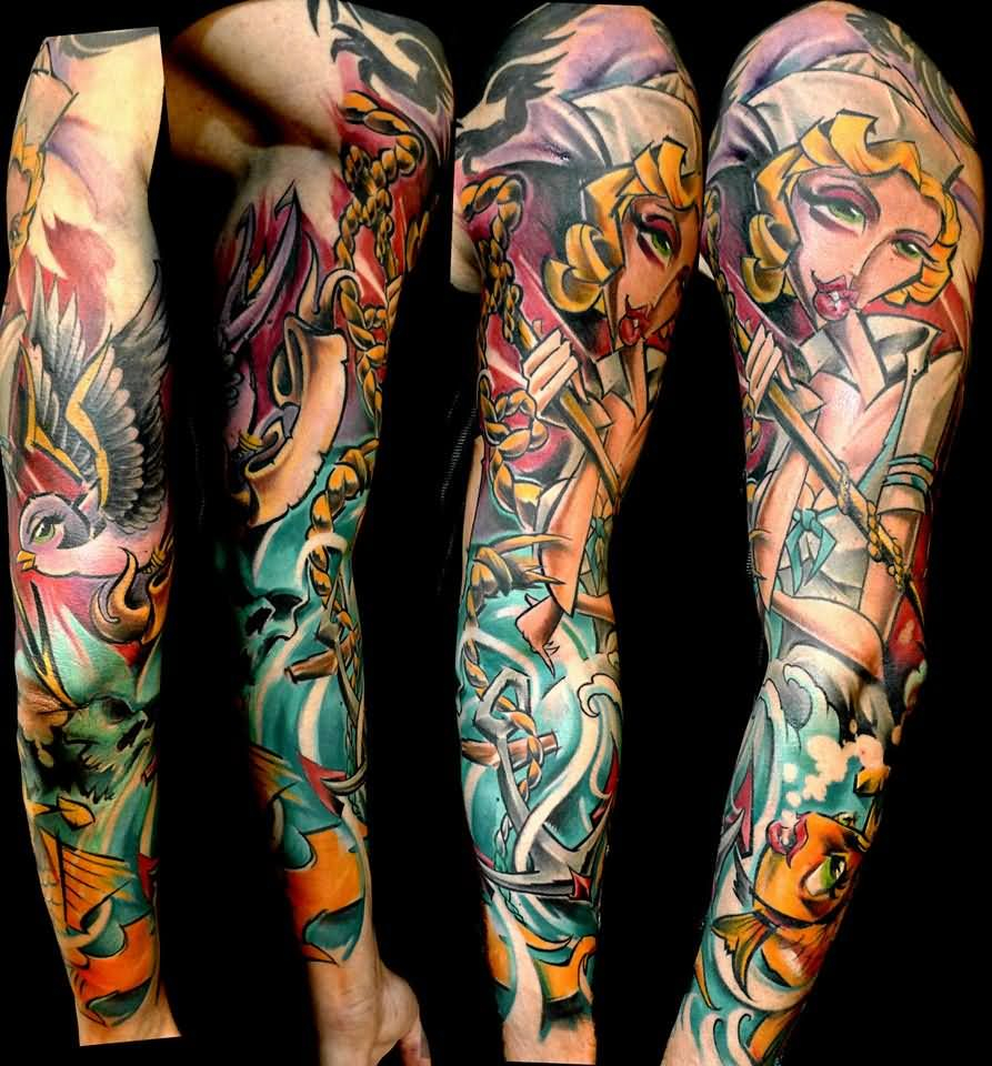 Traditional Women With Flying Bird And Anchor Tattoo On Full Sleeve regarding proportions 893 X 960