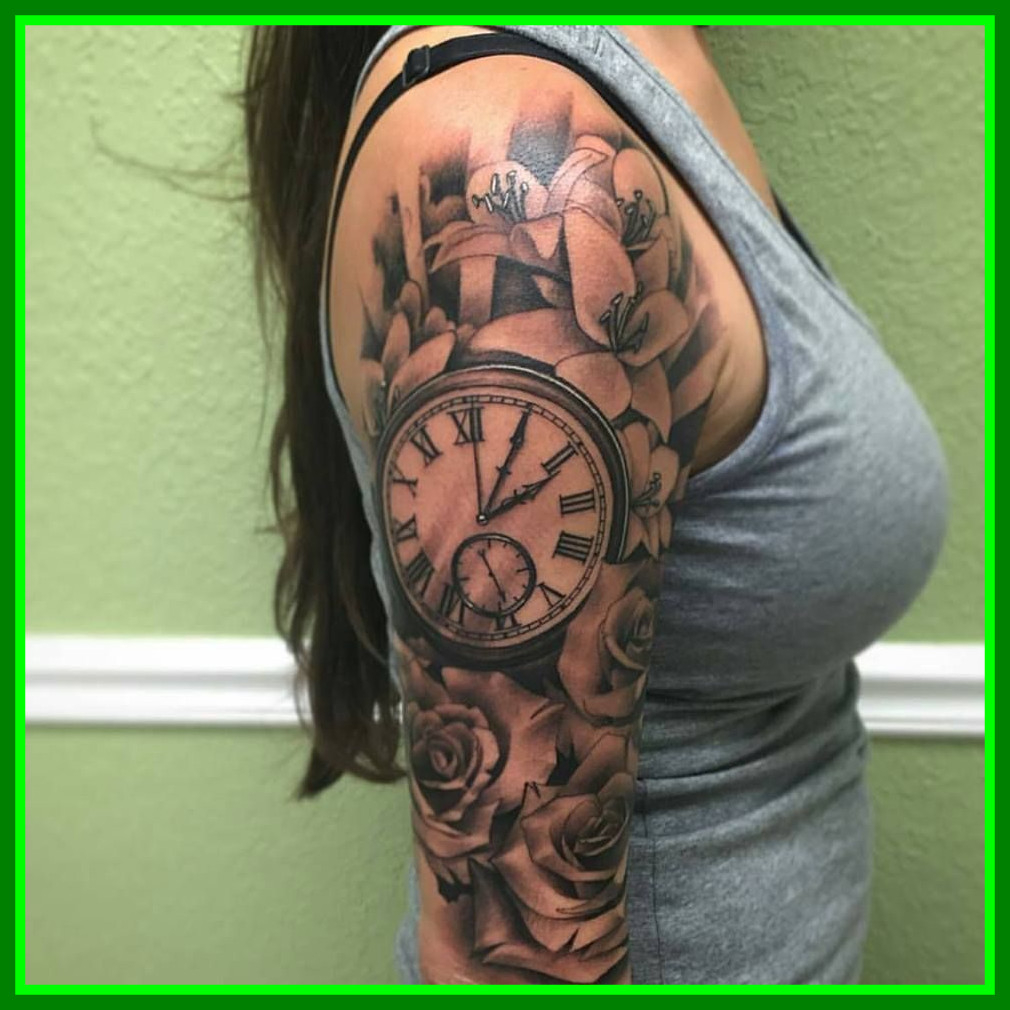 Unbelievable Grey Rose Flowers And Clock Tattoo On Right Half Sleeve inside sizing 1010 X 1010