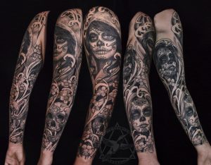 Unique Full Sleeve Sugar Skull Tattoo Jake Bertelsen Tattoonow inside dimensions 1026 X 800