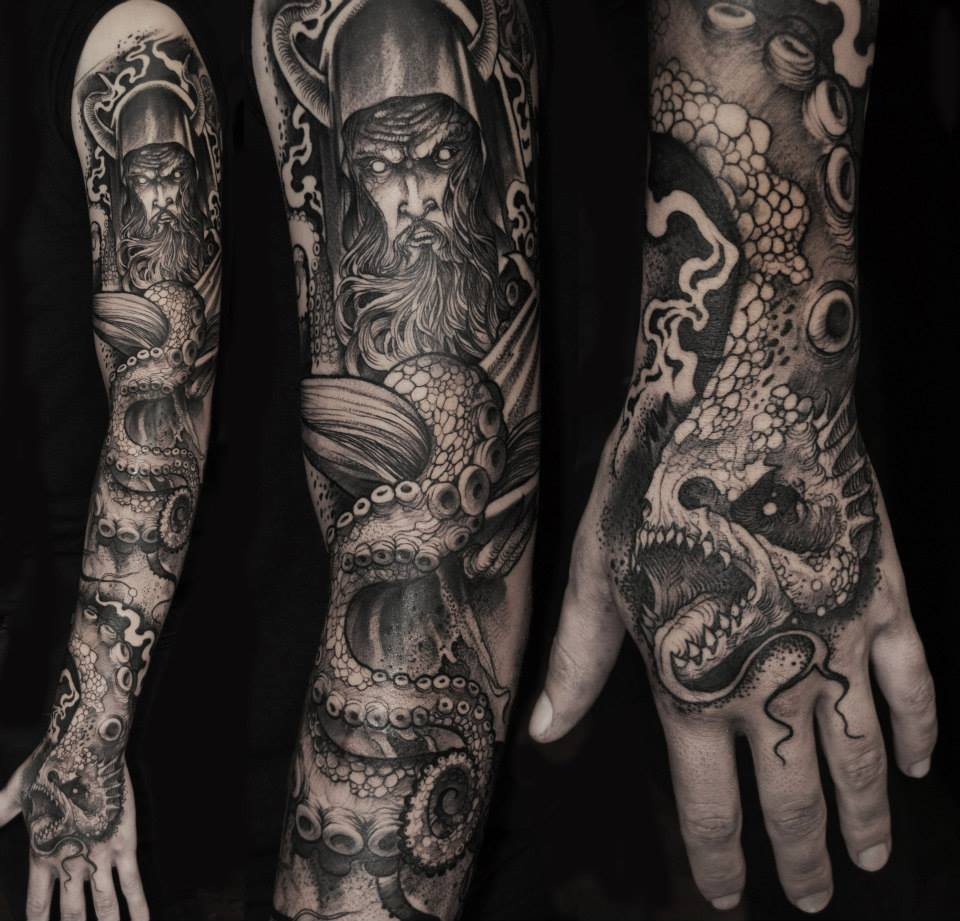 Viking Warrior And Sea Creature Sleeve Tattoo Inkedcollector within sizing 960 X 921