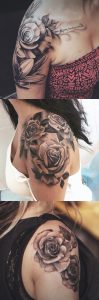 Womens Rose Shoulder Tattoo Ideas In Black And White Realistic Left inside size 676 X 2048