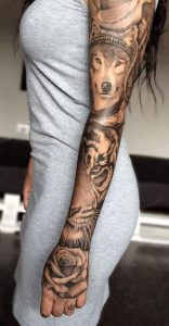 Womens Wolf Tiger Full Arm Sleeve Tattoo Ideas Floral Flower Hand throughout sizing 1000 X 1927