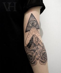 Wonderful Triangle Eye With Mountains And Roses Tattoo On Tricep inside measurements 1500 X 1789