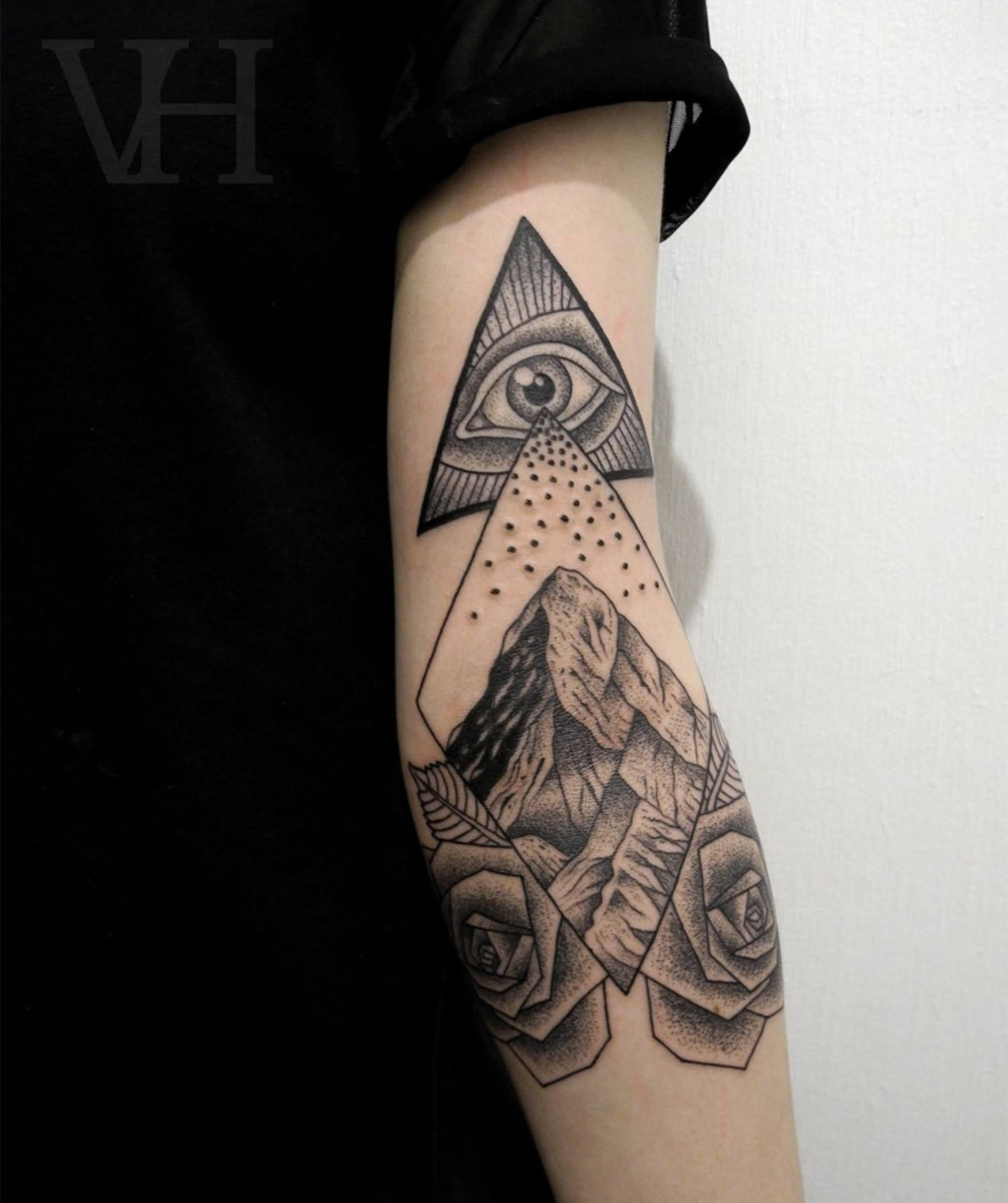 Wonderful Triangle Eye With Mountains And Roses Tattoo On Tricep inside measurements 1500 X 1789