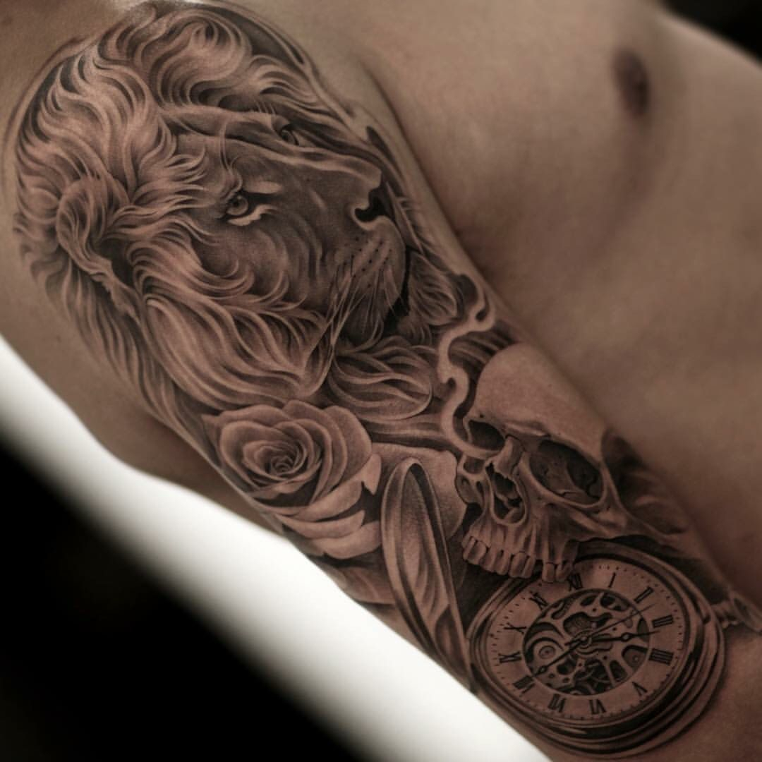 Wow Half Sleeve Tattoo For Men Lion Clock Idea Juncha Tattoo intended for size 1080 X 1080