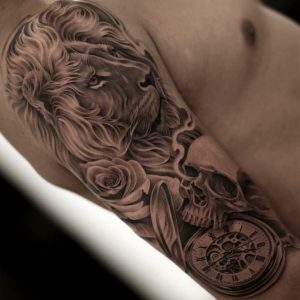 Wow Half Sleeve Tattoo For Men Lion Clock Idea Juncha Tattoo regarding size 1080 X 1080