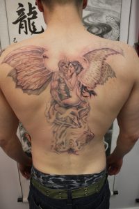 Back Piece Done Cye Tattoo Back Angel Devil Good Vs Evil intended for sizing 1288 X 1936