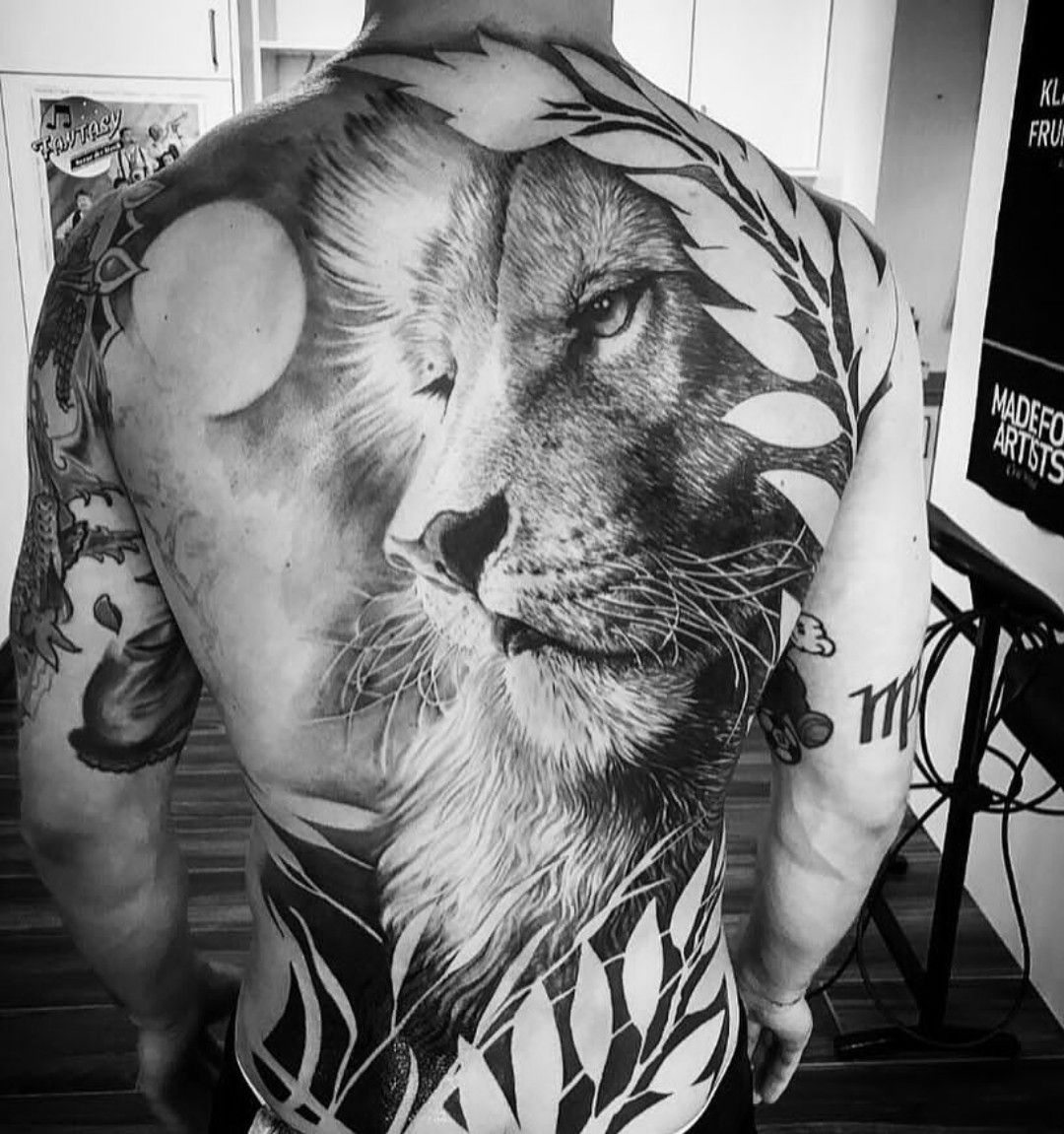 Beautifully Done Life Like Realistic Lion Back Tattoo for sizing 1080 X 1151