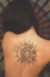 Black Geometric Sun Moon Mandala Back Tattoo Idea Designs For with sizing 1340 X 2048