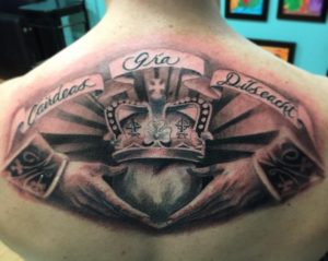 Claddagh Irish Tattoo On Man Upper Back regarding proportions 1080 X 859