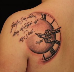 Clock Tattoo On Left Back Shoulder Tattoos Clock Tattoo Design within dimensions 1600 X 1550