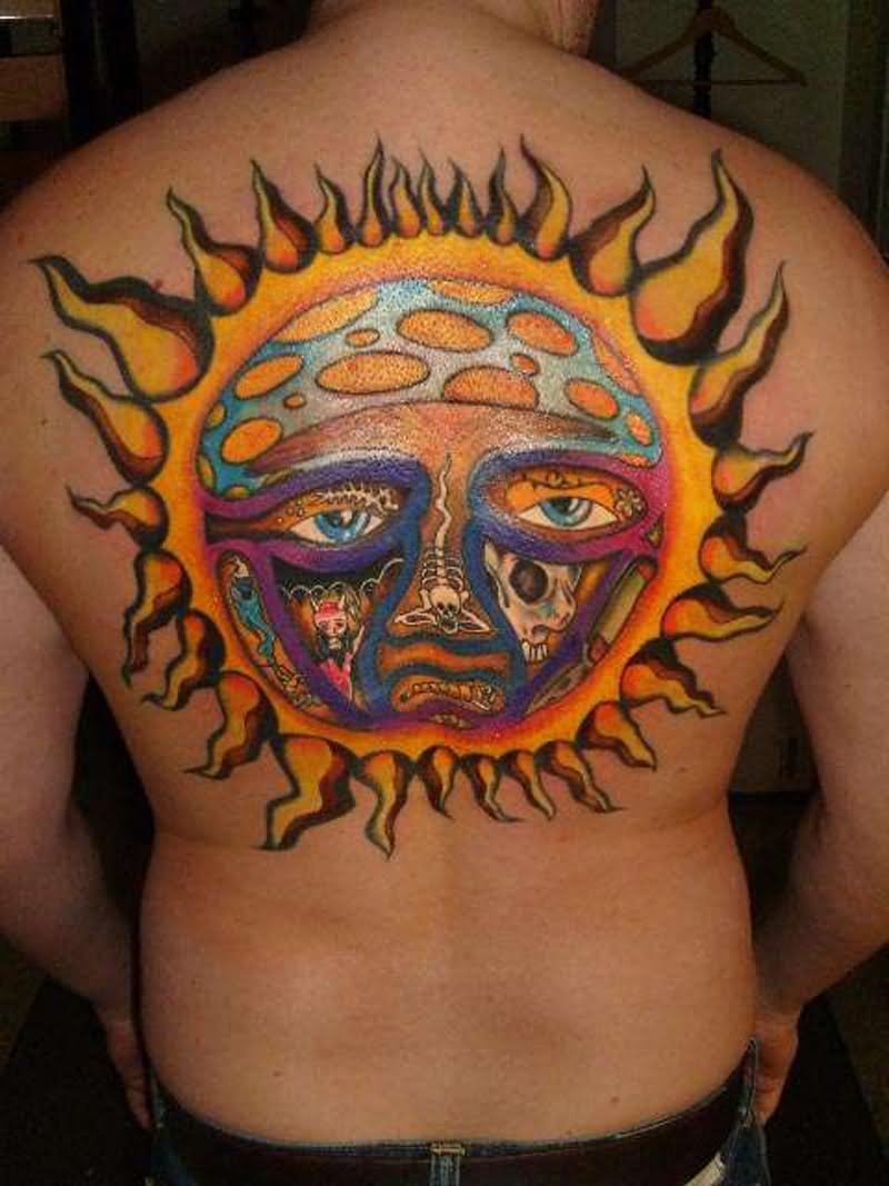 Colored Weird Sun Tattoo On Back within dimensions 800 X 1067