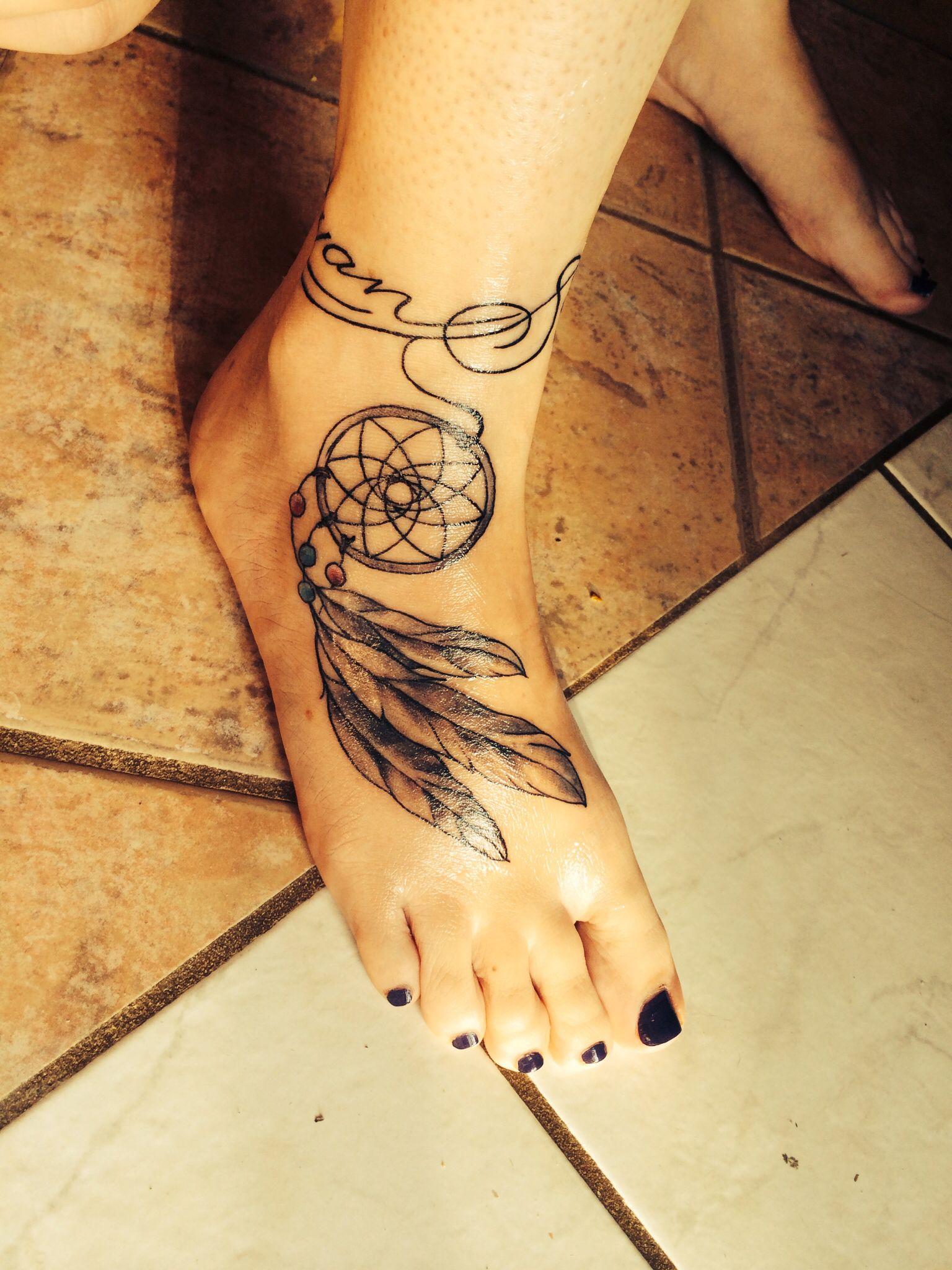 Dream Catcher Foot Tattoo With Script Ankle Band Dreamcatcher inside measurements 1536 X 2048