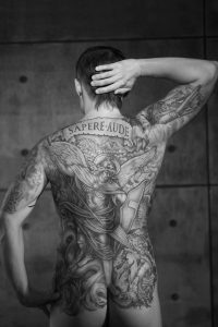 Fileman With A Full Back Tattoo Black And White Image with regard to proportions 4032 X 6048