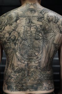 Full Backpiece Black And Grey Statue Tattoo Mue Ink Work for dimensions 2872 X 4308