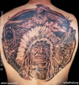 Grey Ink Native Back Tattoo with measurements 942 X 1024