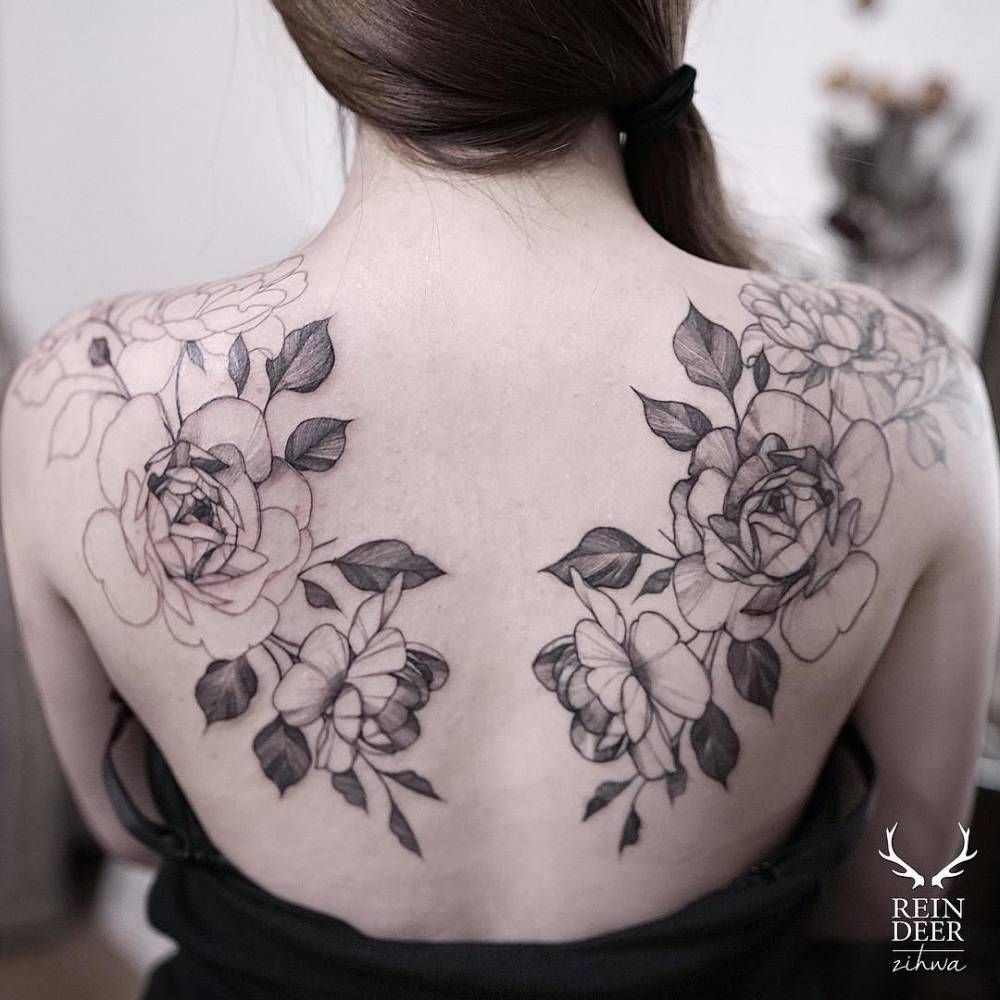 Matching Illustrative Tattoos On The Shoulder Blades Tattoos intended for measurements 1000 X 1000