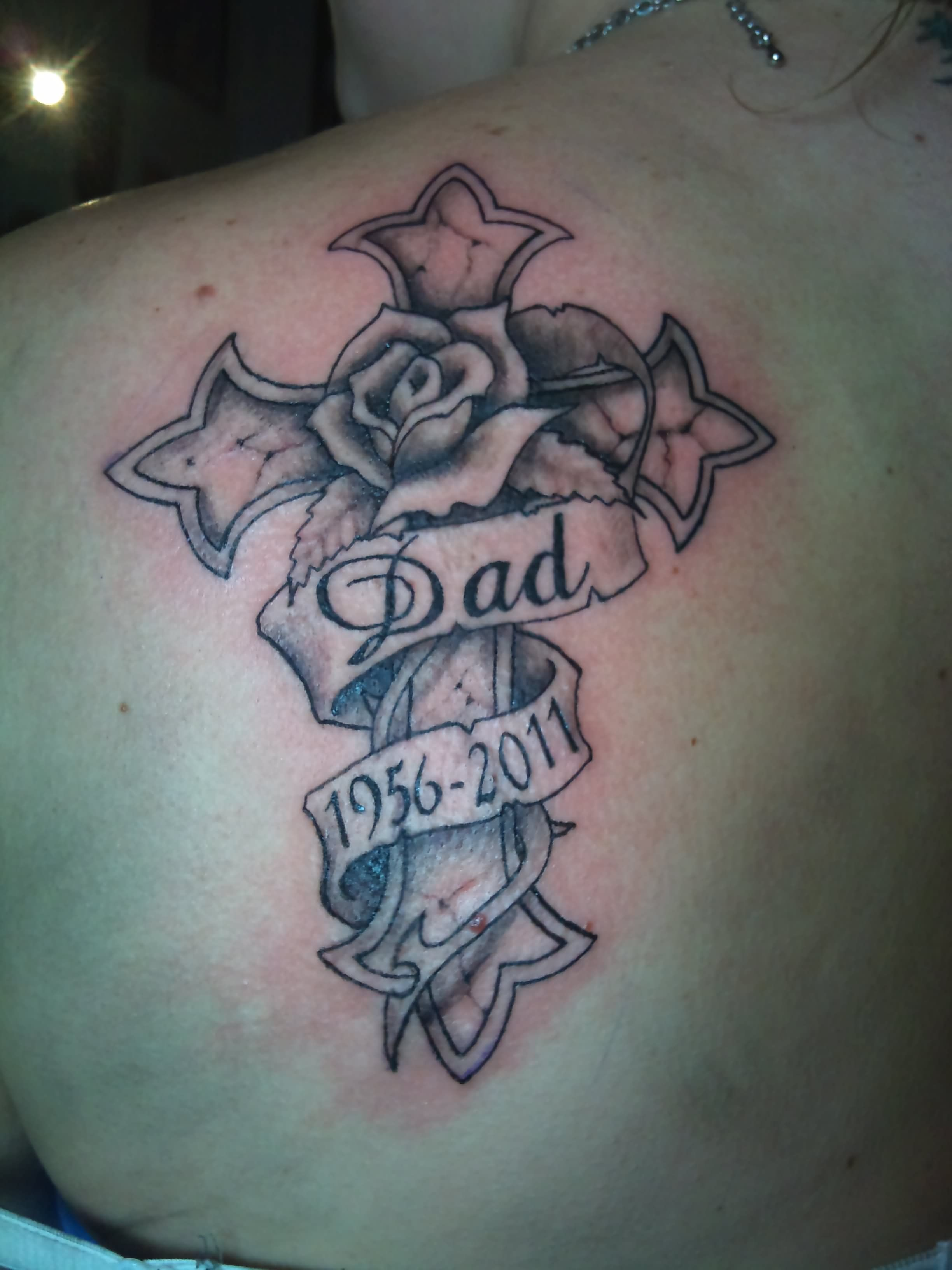 Memorial Cross Tattoo With Banner Tattoo Tattoos Back Tattoo intended for proportions 2448 X 3264