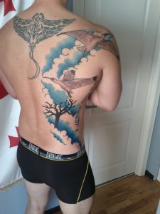 My New Back Piece The Scorched Tree With 2 Ibises And Blue Clouds for size 1920 X 2560