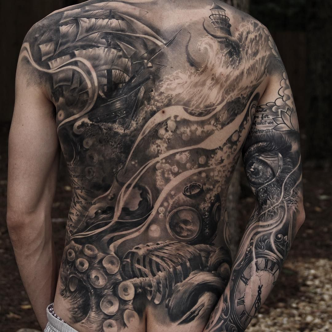 Ocean Themed Black And Grey Ink Back Piece Tattoos I Want in measurements 1080 X 1080