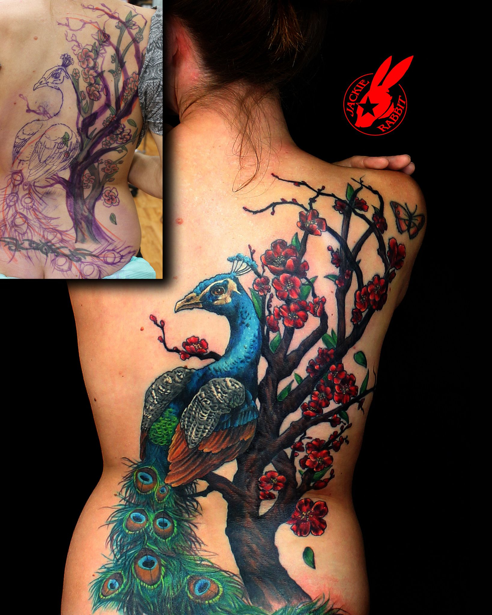 Peacock Cherry Blossom Cover Up Back Tattoo Jackie Rabbit Tats for proportions 1638 X 2048