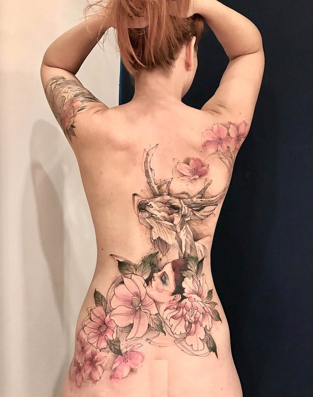 Pink Flowers Deer Girls Back Tattoo Best Tattoo Design Ideas for sizing 1065 X 1350