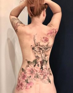 Pink Flowers Deer Girls Back Tattoo Best Tattoo Design Ideas regarding measurements 1065 X 1350