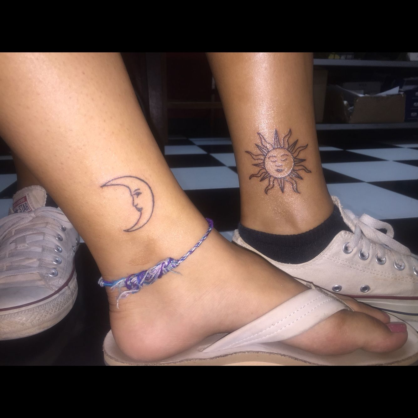 Sun And Moon Matching Tattoos Inside Left Leg Just Above The Ankle throughout size 1334 X 1334