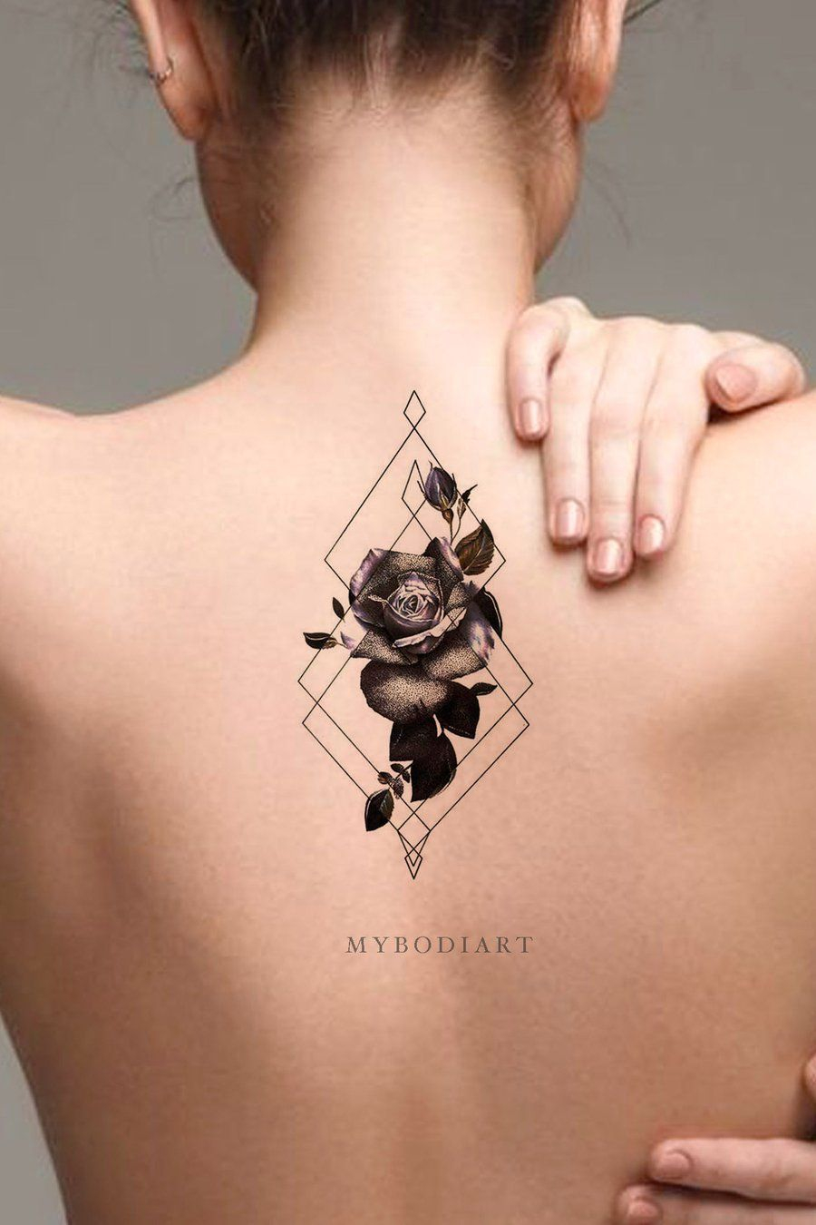 Watercolor Rose Geometric Diamond Back Spine Tattoo Ideas For Women with regard to size 900 X 1350