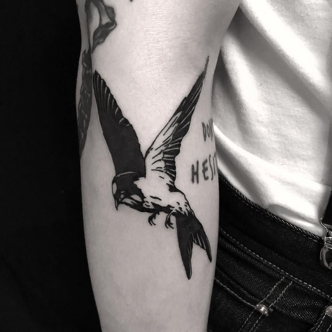 A Black And White Bird Tattoo Inked On The Right Forearm At Bk Ink throughout proportions 1080 X 1080