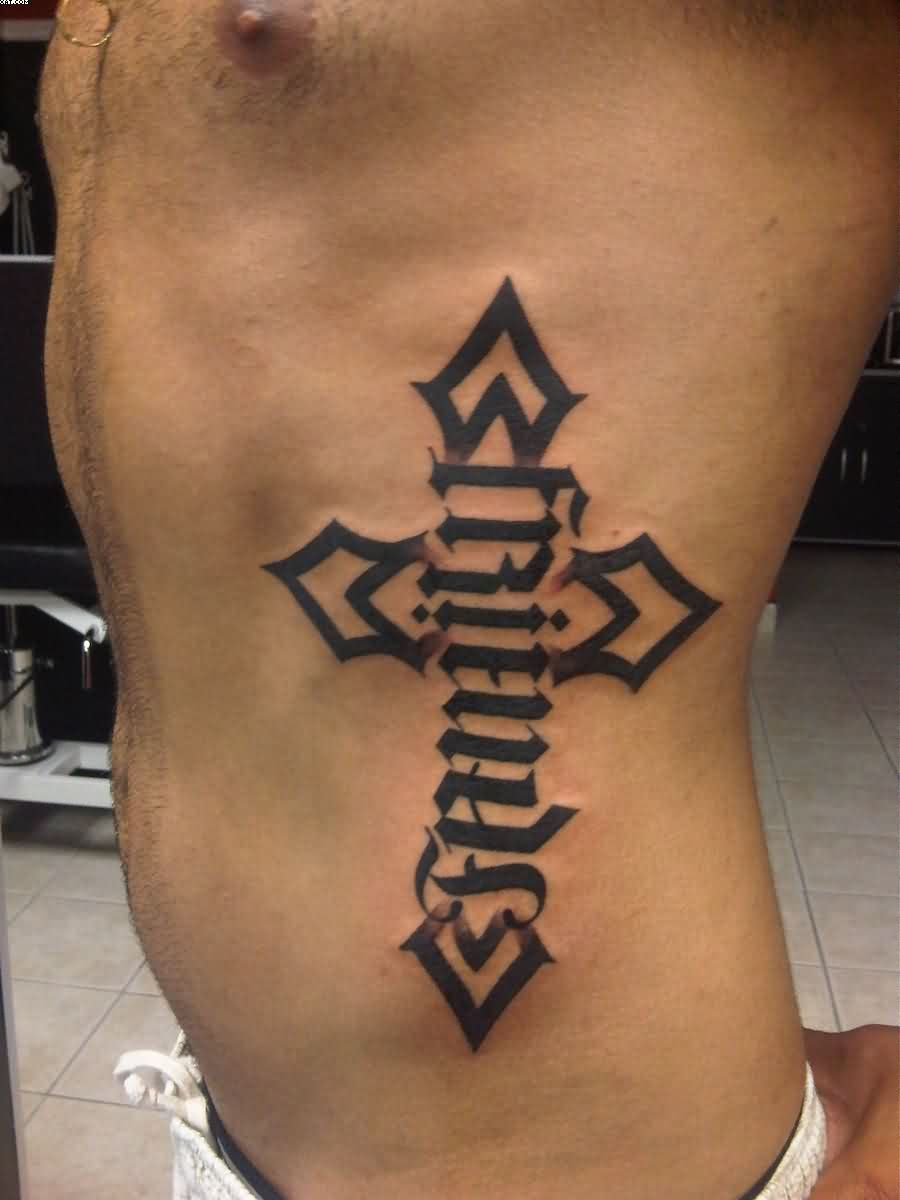 Amazing Ambigram Friends Cross Tattoo On Man Side Rib for dimensions 900 X 1200