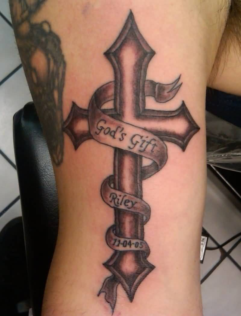 Amazing Cross And God Gift Banner Tattoo For Men in measurements 800 X 1048