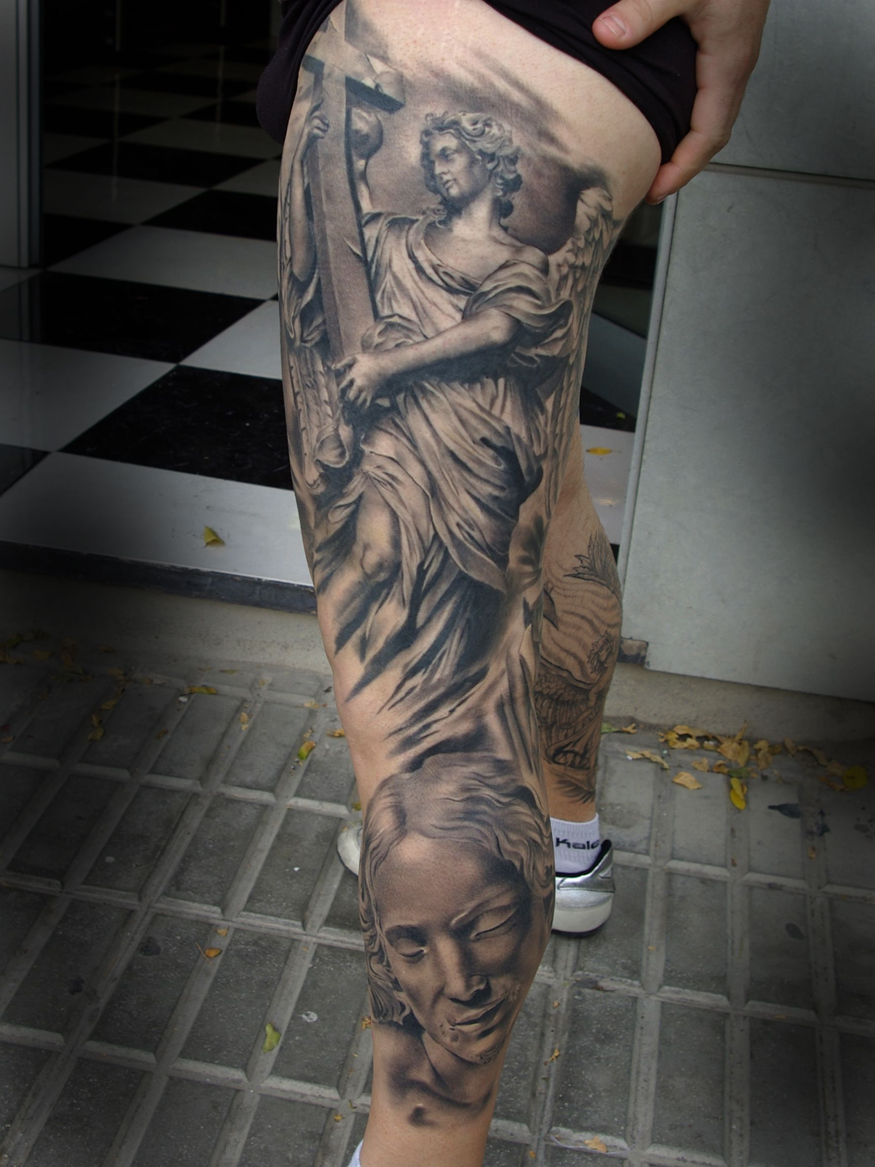 Angel Holding A Cross Religious Black Grey Tattoos Anubis regarding measurements 1772 X 2362