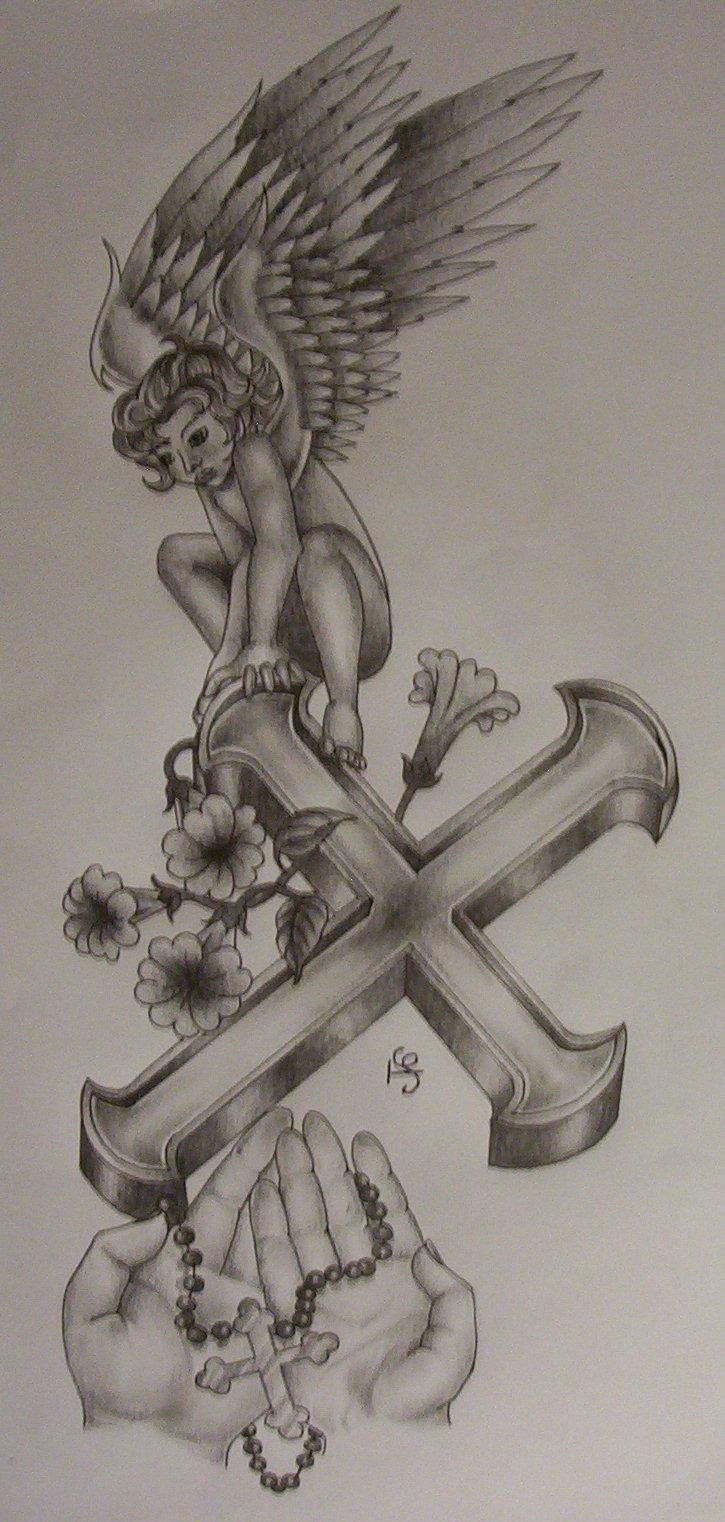 Angel On Cross Tattoo Design for size 725 X 1522
