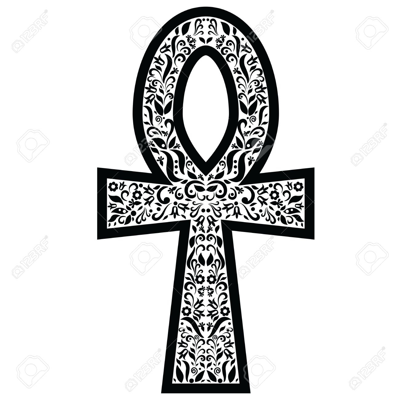 Ankh Cross With Floral Elements In Black And White Tattoo Style intended for size 1300 X 1300