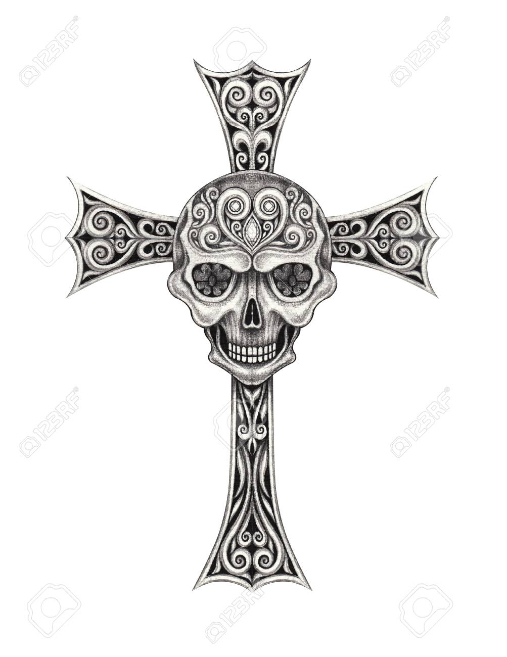 Art Vintage Mix Skull Cross Tattoo Hand Pencil Drawing On Paper in size 1003 X 1300