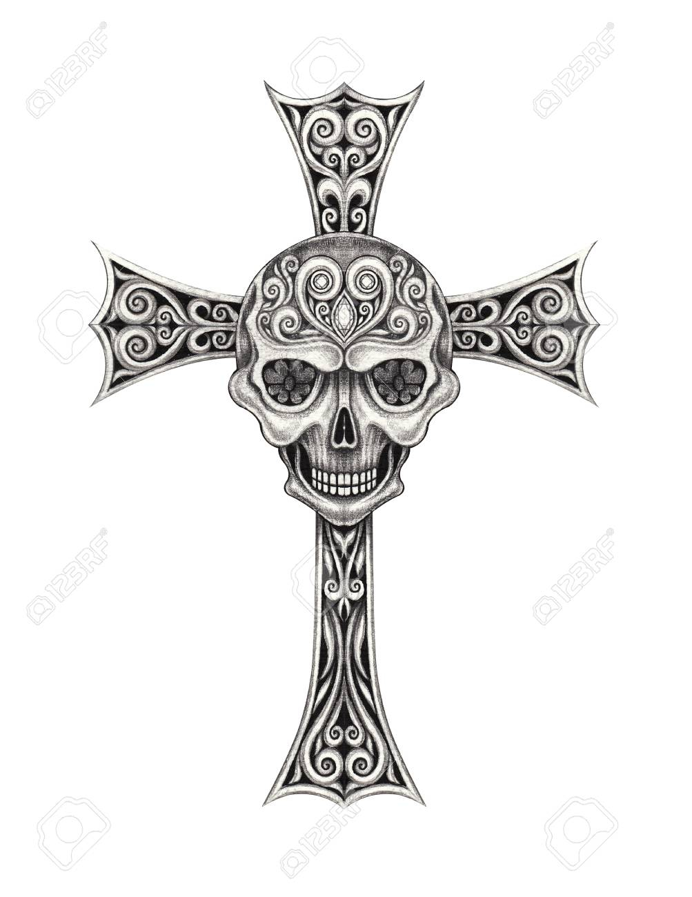 Art Vintage Mix Skull Cross Tattoo Hand Pencil Drawing On Paper throughout measurements 1003 X 1300