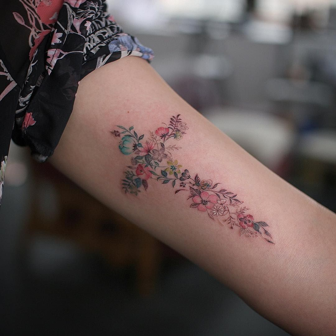 Astonishing Floral Cross Tattoo On Girl Arm regarding dimensions 1080 X 1080