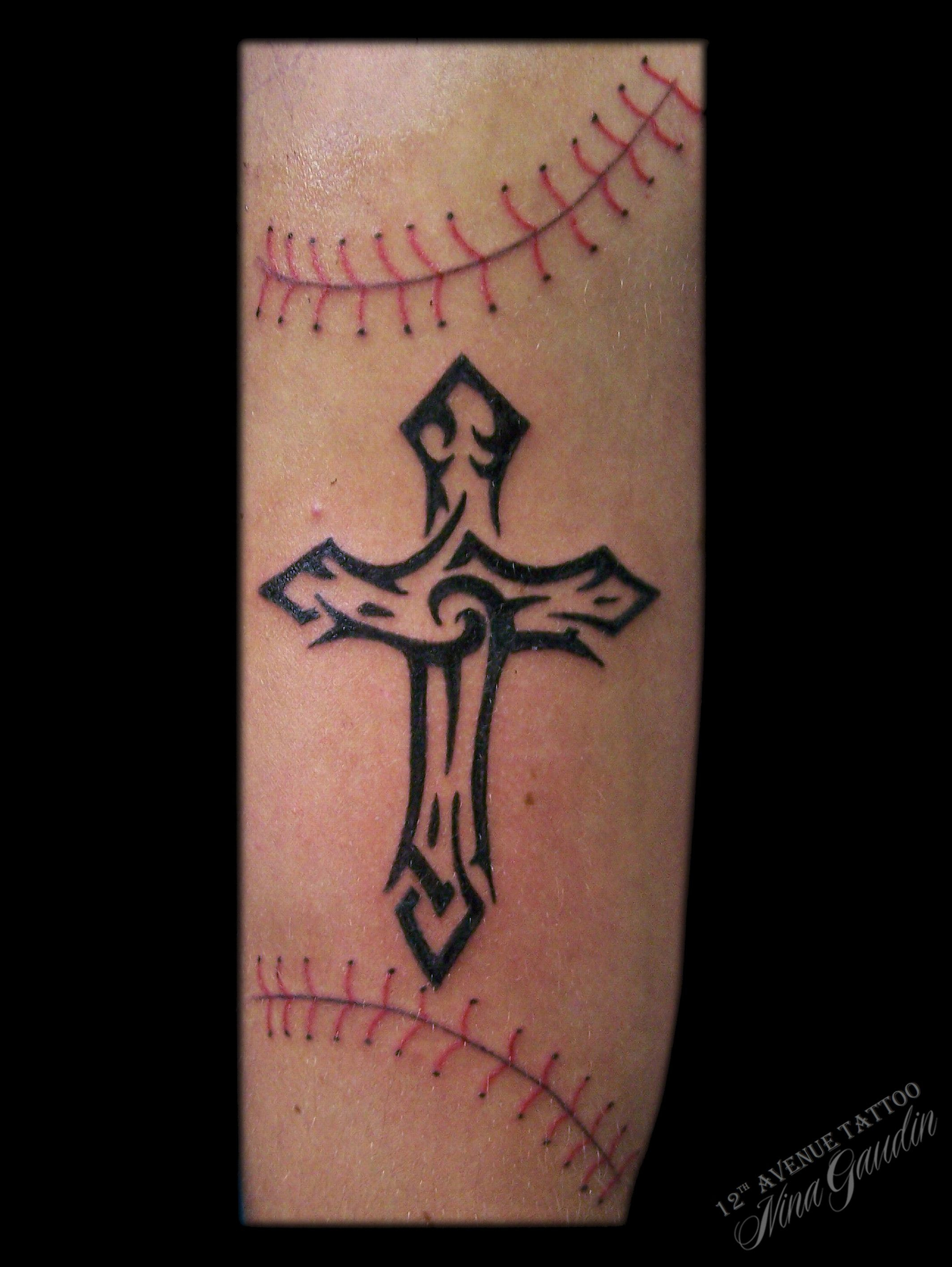 Baseball Stitching With Tribal Cross Arm Tattoo Nina Gaudin Of throughout dimensions 2128 X 2832