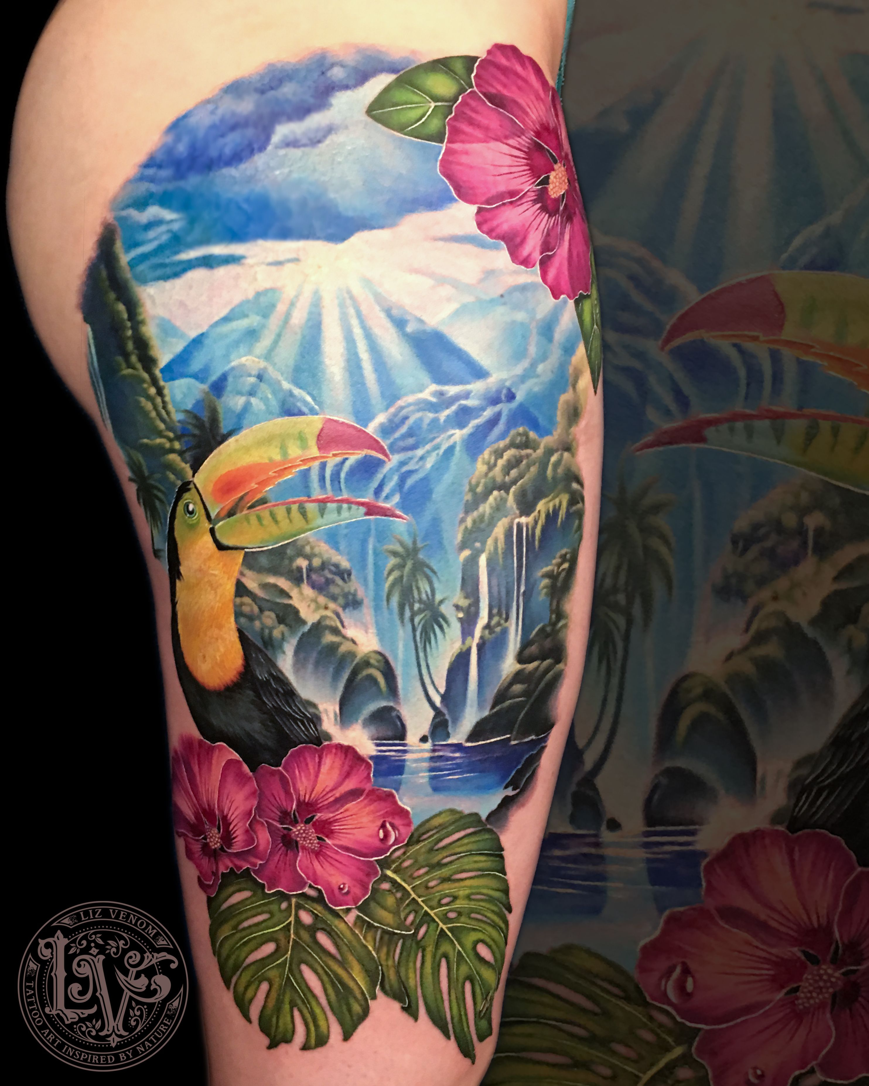 Beautiful Tropical Toucan Tattoo With Waterfall And Hibiscus Flowers inside dimensions 2967 X 3709