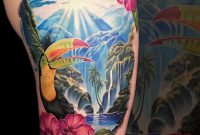 Beautiful Tropical Toucan Tattoo With Waterfall And Hibiscus Flowers with regard to sizing 2967 X 3709