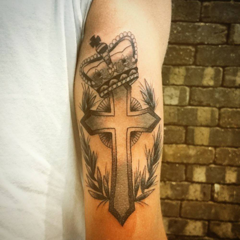 Bicep Tattoo Of A Christian Cross A Crown And A Laurel in size 1000 X 1000